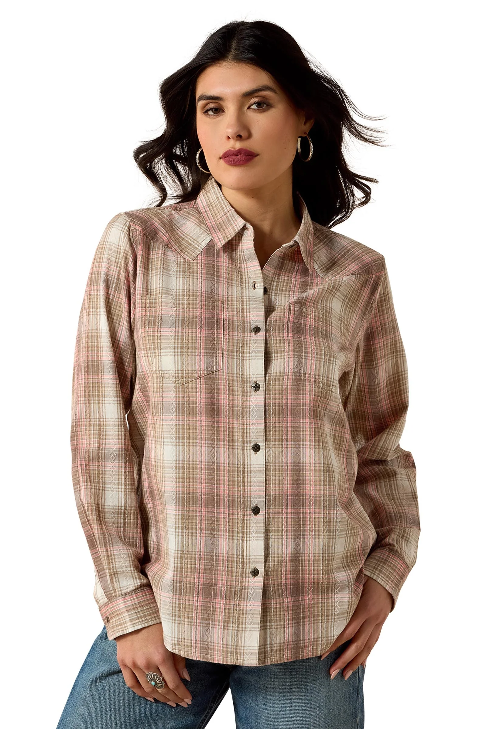 Billie Jean Women's Long Sleeve Shirt White Pepper Coral Plaid XS