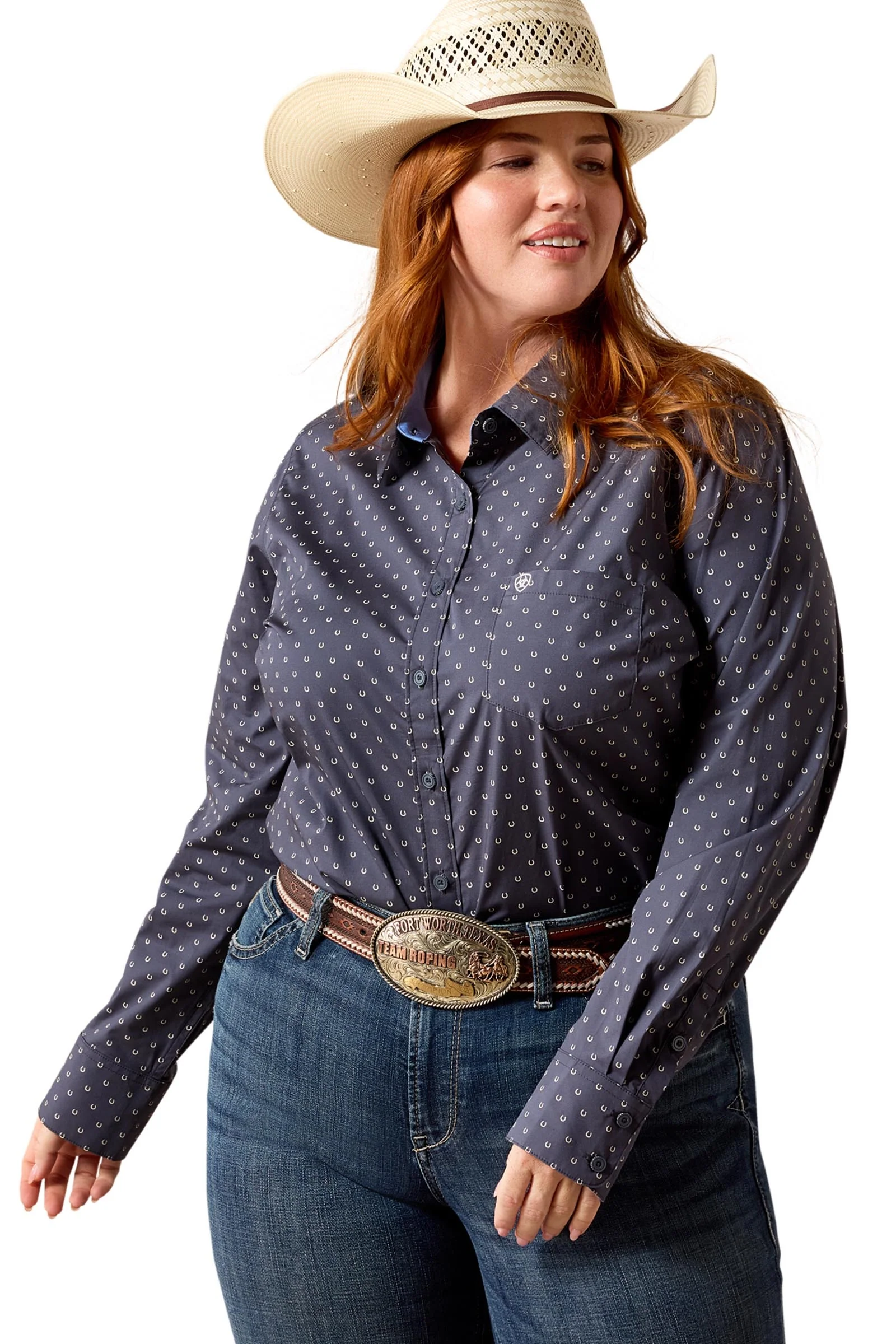 Kirby Stretch Women's Western Shirt Ombre Blue Horseshoe M