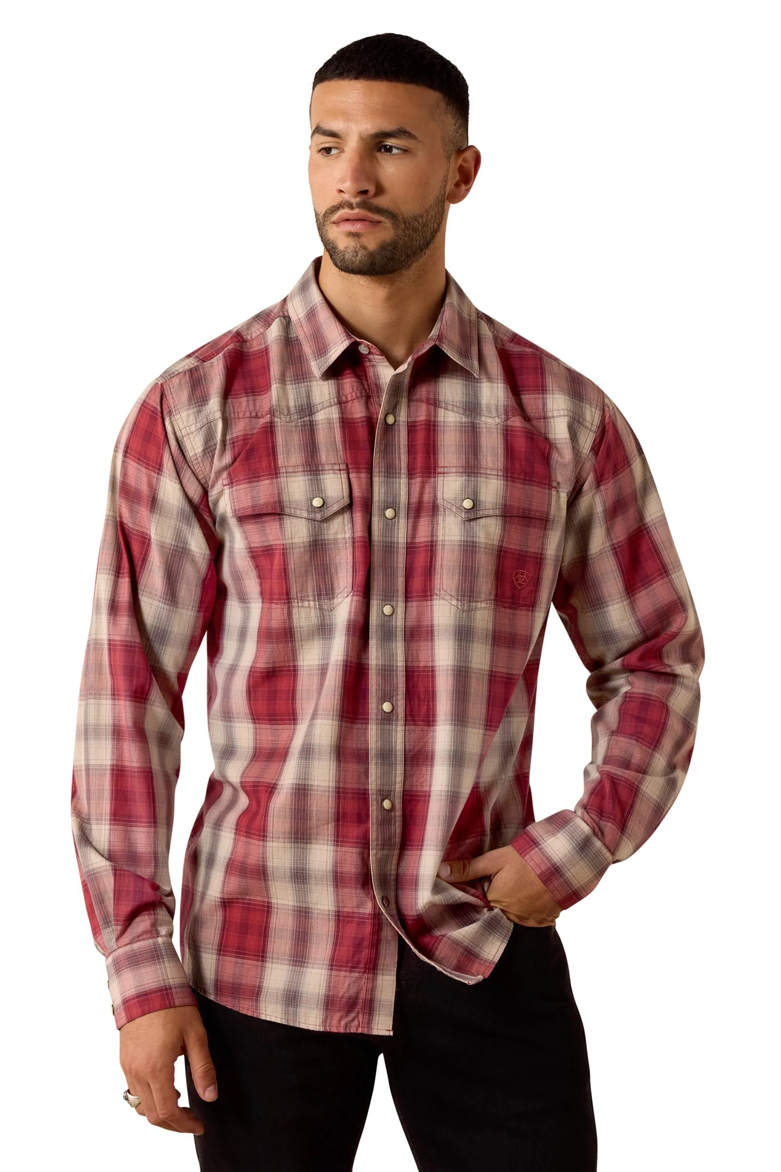 Men's Retro Hawthorne Fitted Snap Shirt Brick Red Plaid S