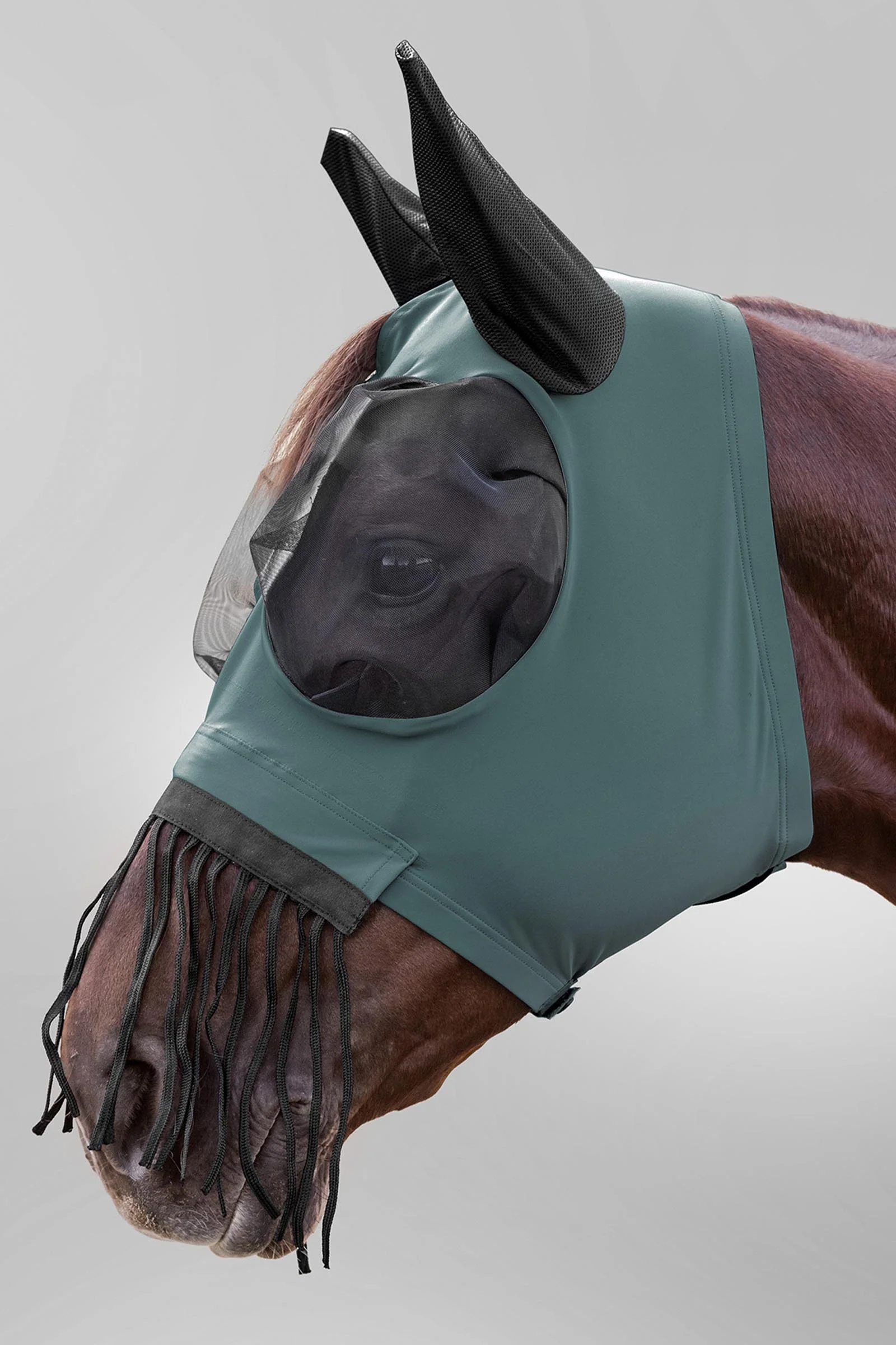 Puck Fly Mask With Zip And Nose Fringes, UV-Protection Pine Green P