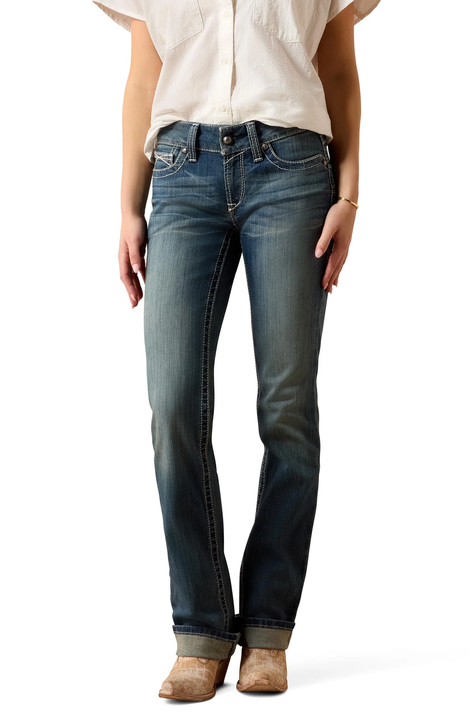 R.E.A.L. Mid Rise Stretch Icon Stackable Straight Leg Women's Jeans Rainstorm 26 Regular