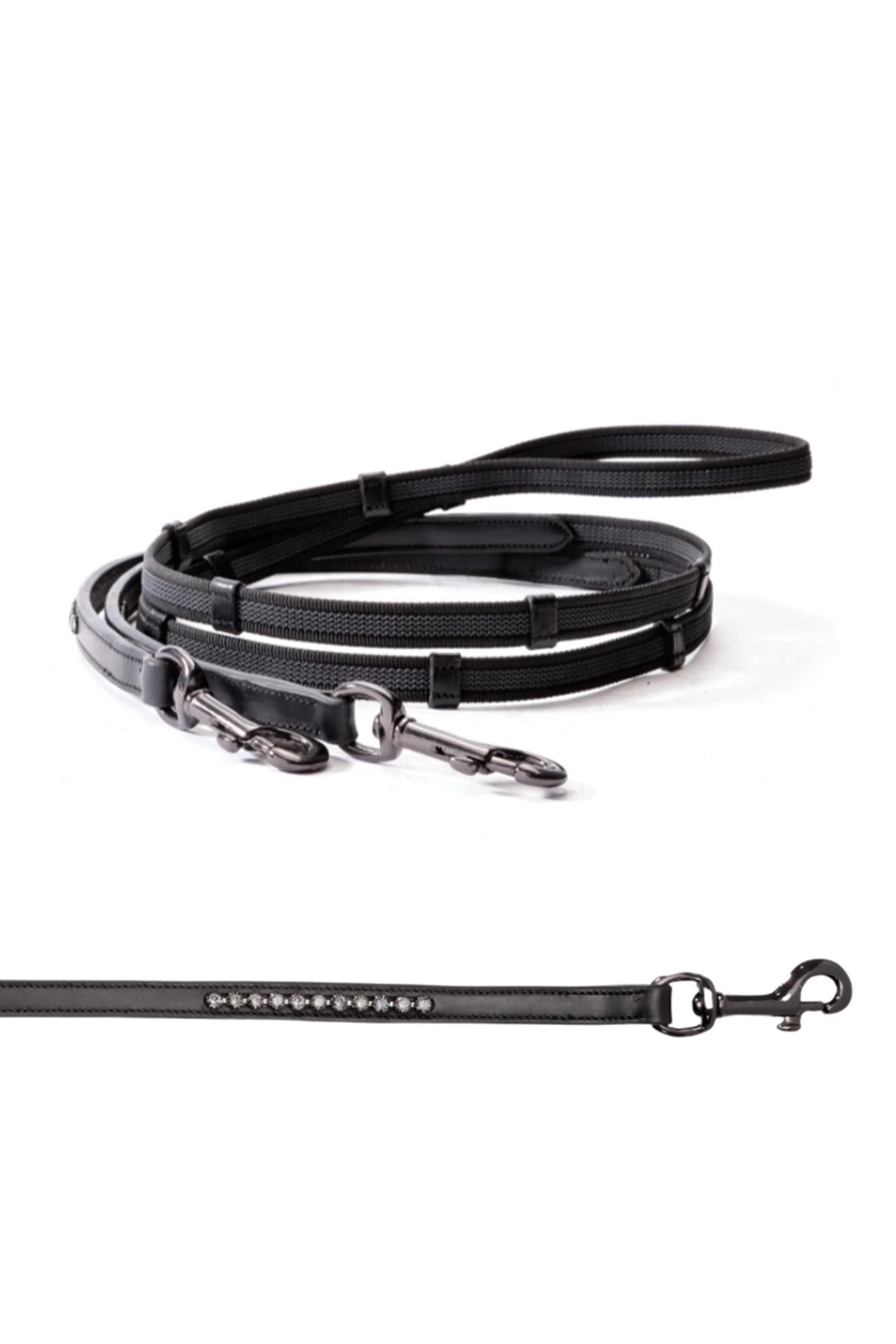 Rubberised Reins Icelandic With Carabiner and 5 Stops, 16 mm Black/Black PII