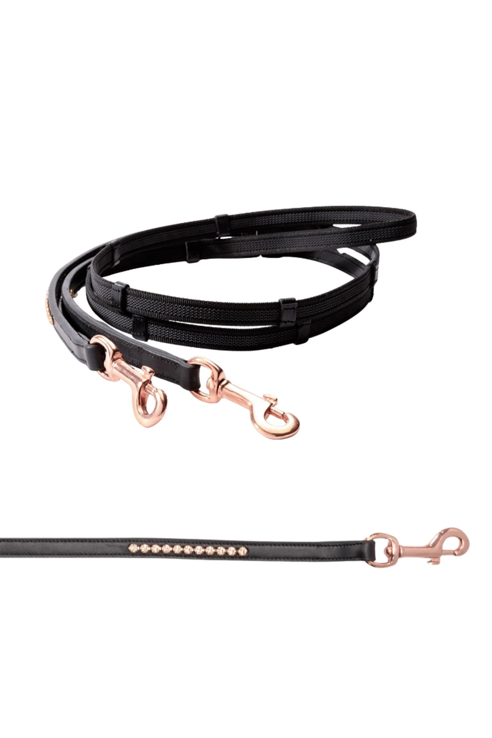 Rubberised Reins Icelandic With Carabiner and 5 Stops, 16 mm Black/Rosé PII