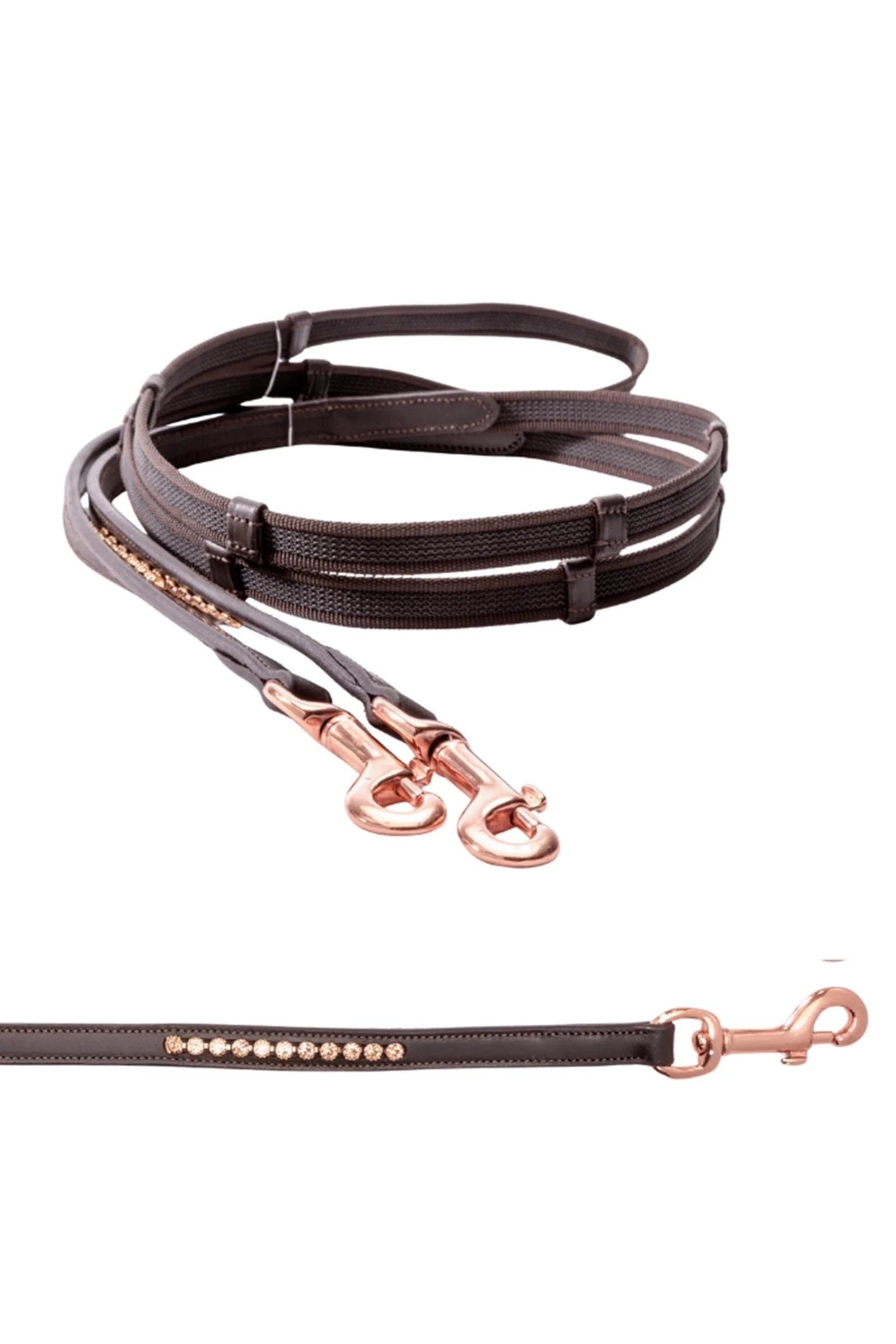 Rubberised Reins Icelandic With Carabiner and 5 Stops, 16 mm Brown/Rosé PII