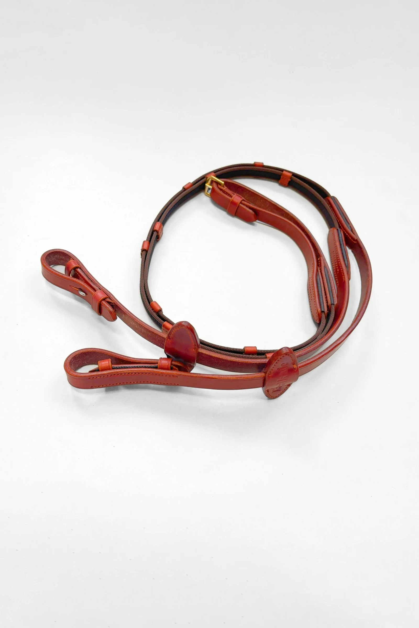 Rubberised Reins With Hooks and 5 Stops, 16 mm Cognac-Brass PII