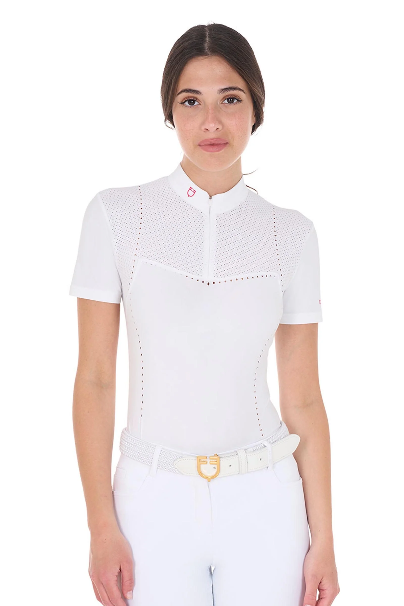 Women's Slim Fit Zipped Competition Polo Shirt in Perforated Fabric White/Honeysuckle XS